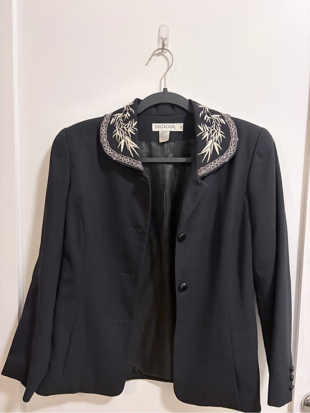 Ann Taylor Black Blazer with Ivory Embroidered Collar